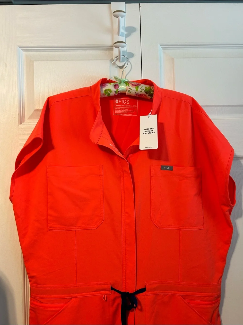 FIGS Rafaela Cargo Scrub Jumpsuit in Vibrant Coral-Red - Picture 3 of 5